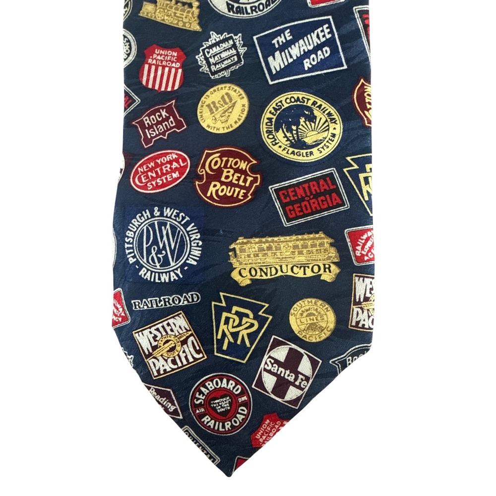 Museum Artifacts 100% Silk Tie Mens Navy Blue Excellent Vintage Railroad Logos